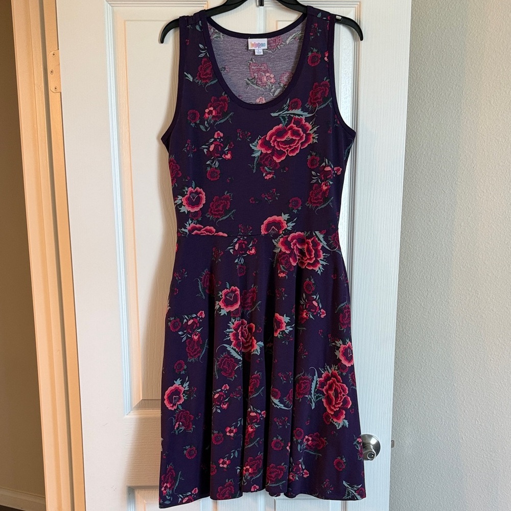LulaRoe Sleeveless Floral Fit & Flare Dress - Purple with Pink Roses